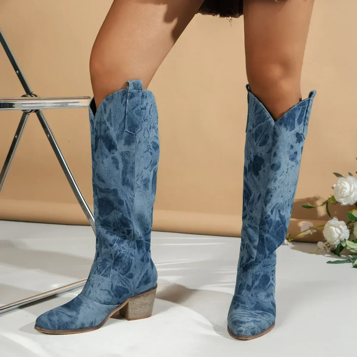 Women Denim Retro Long Round ToeThick Heel Western Cowboy British Style Knee-high Knight Ethnic 2024 Shoes for Women