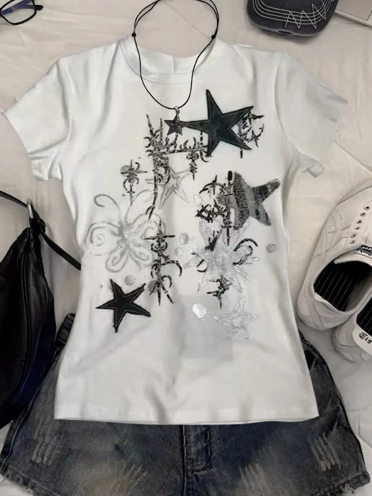 

HOUZHOU Vintage Star Print T-shirts Women White Harajuku Y2k Short Sleeve T-shirt 2000s Gothic Slim Up Streetwear Graphic Tops
