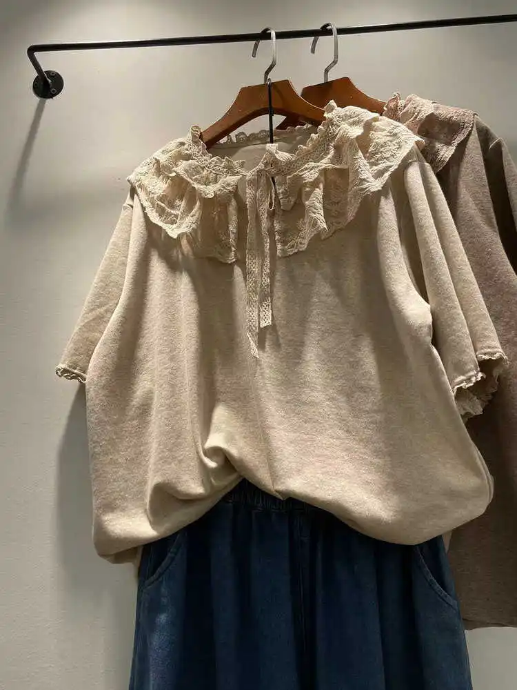 

Summer Women's Loose Fit round Ne T-irt Lace Trim ort Sve Cotton Sweet Sle Forest Girl Faion Casual Top