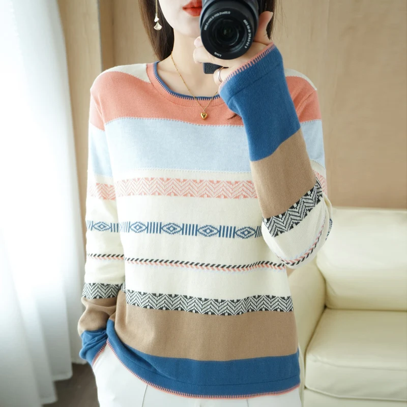 Spring And Autumn 2022 New Sweaters Cotton Knitwear Women Crew Neck Color Contrast Stripe Versatile Long Sleeve Underlay Fashion