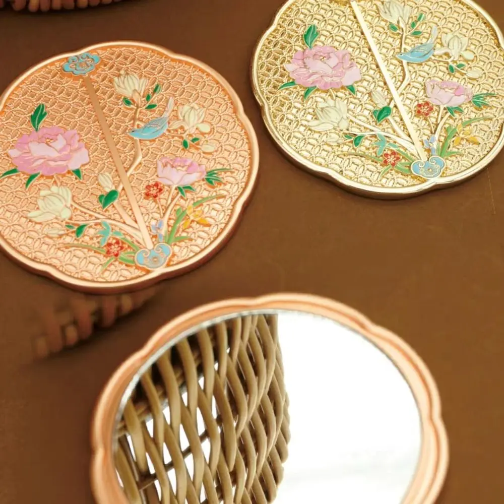 Retro Vintage Chinesischen Stil Spiegel Exquisite 3D Blume Griff Make-Up Spiegel Quaste Süße Runde Eitelkeit Spiegel Make-Up