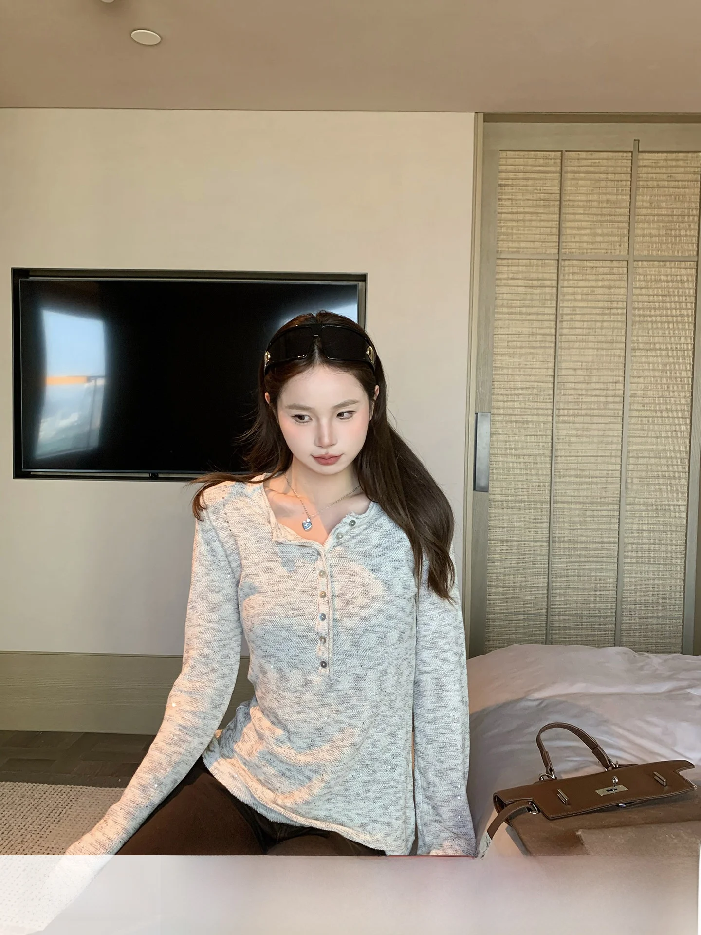 

ANNE OP Cloudy Holiday Sparkling Long Sve Knitted Top Women's Base Layer irt Slimming ter Ne Casual Sle Polyest...