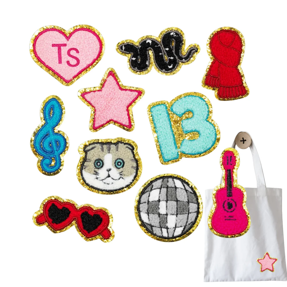 

Iron on Patches Chenille Embroidered Repair Patch Heart Guitar DIY Accessories Applique Music Fans Backpack Clothes Hats Dress