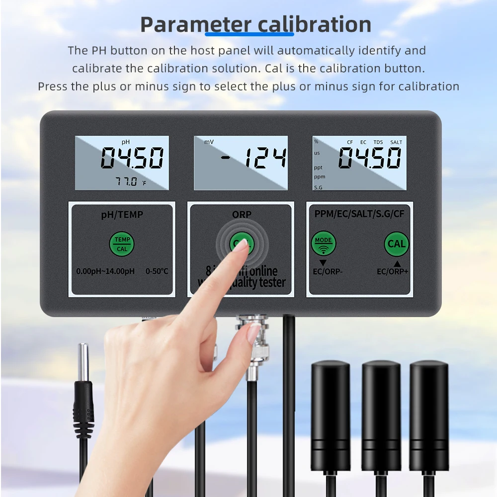 Cyfrowy tester jakości wody WiFi 8 w 1 PH EC TDS SALT SG.Temp ORP Miernik CF Wielofunkcyjny inteligentny monitor Kontrola aplikacji Tuya