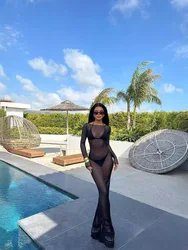 New Sexy Slim Pullover Long Sleeve Floor-Length Solid Dresses Beach Style Swimsuit Cover Women Slash Neck Mesh See-Through Dress