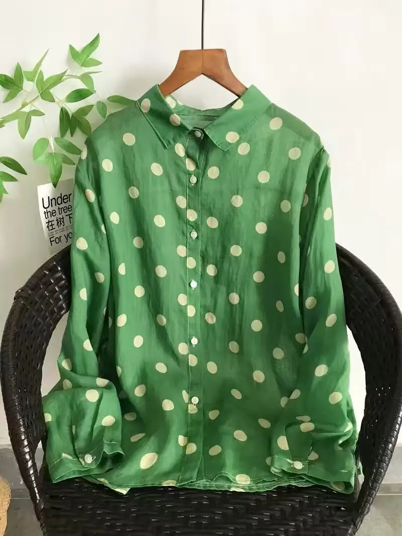 

100% рамиевые рубашки с зеленым принтом в горошек для женщин, весенние японские оригинальные льняные блузки из рами с длинными рукавами, винтажная одежда