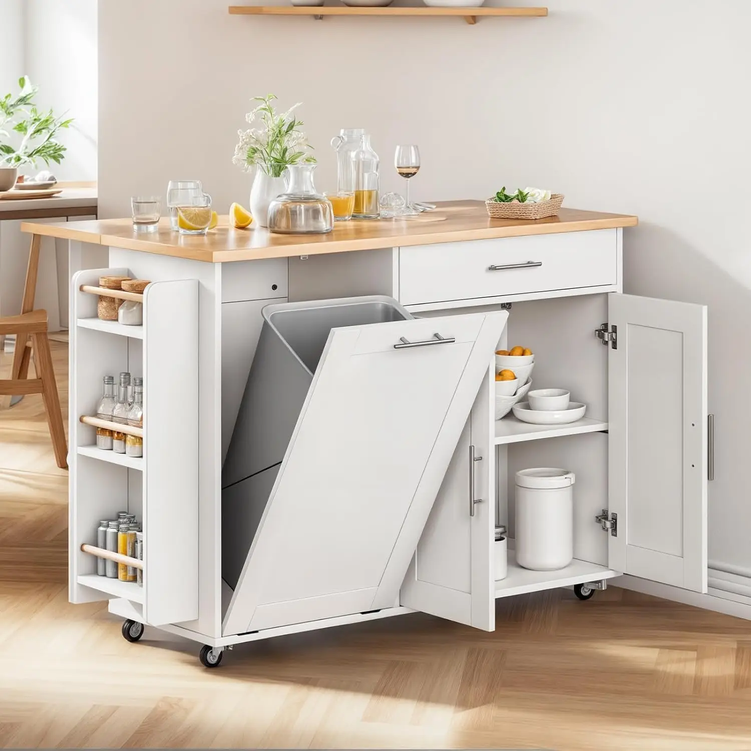 

53.9" Rolling Kitchen Island Cart with Drop Leaf & Storage - Mobile Kitchen Organizer with Wheels, Rubberwood Top, Tras