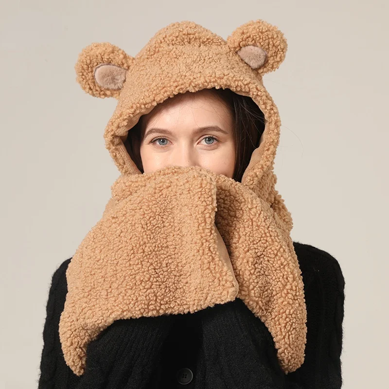 Lindo sombrero de oso para mujer, Babero con capucha, guantes de bufanda coreanos que combinan con todo en otoño e invierno