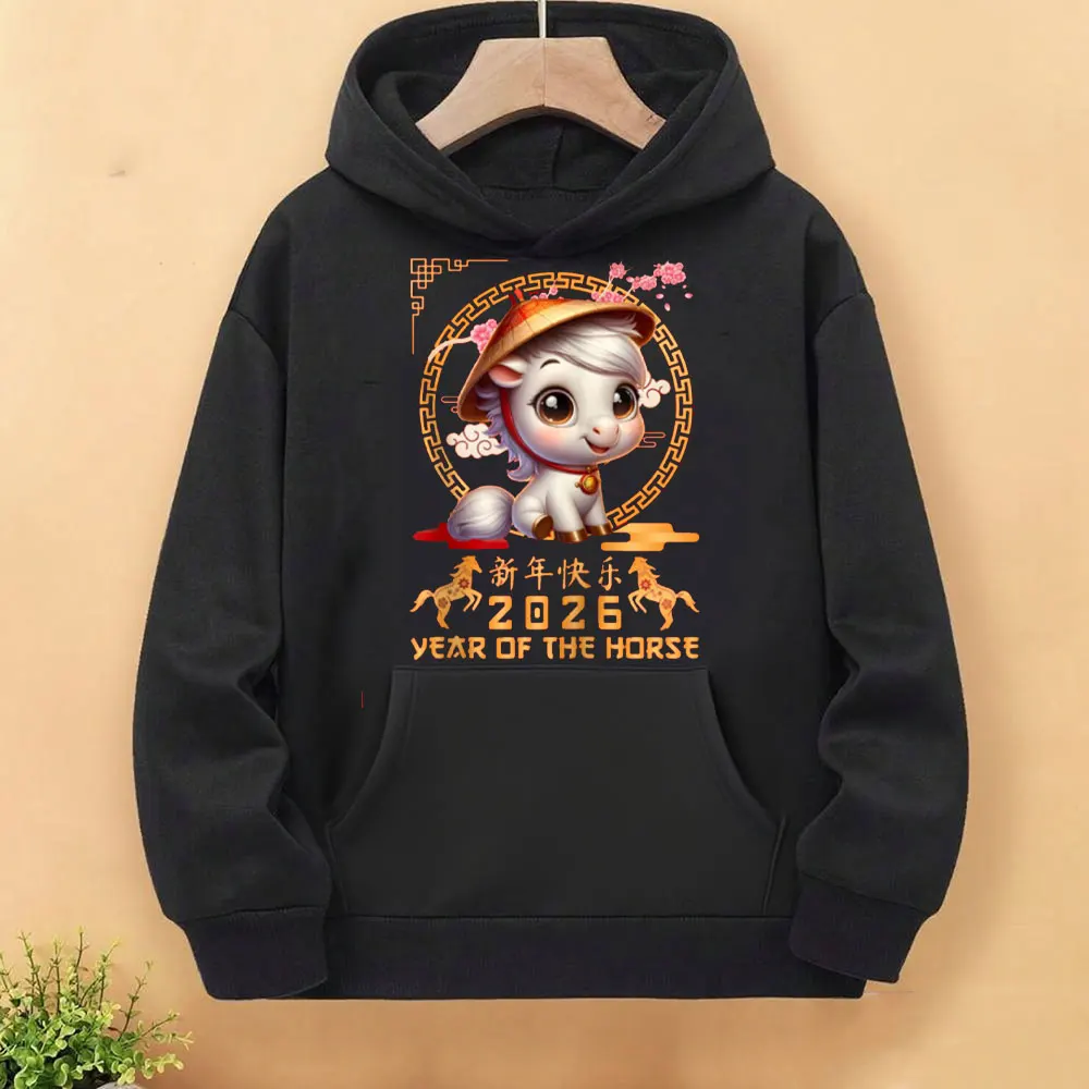 Rok Konia 2026 Chiński Nowy Rok Lunarny 2026 Damska Bluza z Kapturem Uroczy Kreskówkowy Koni Nadruk Pulower Y2k Ropa Mujer Top