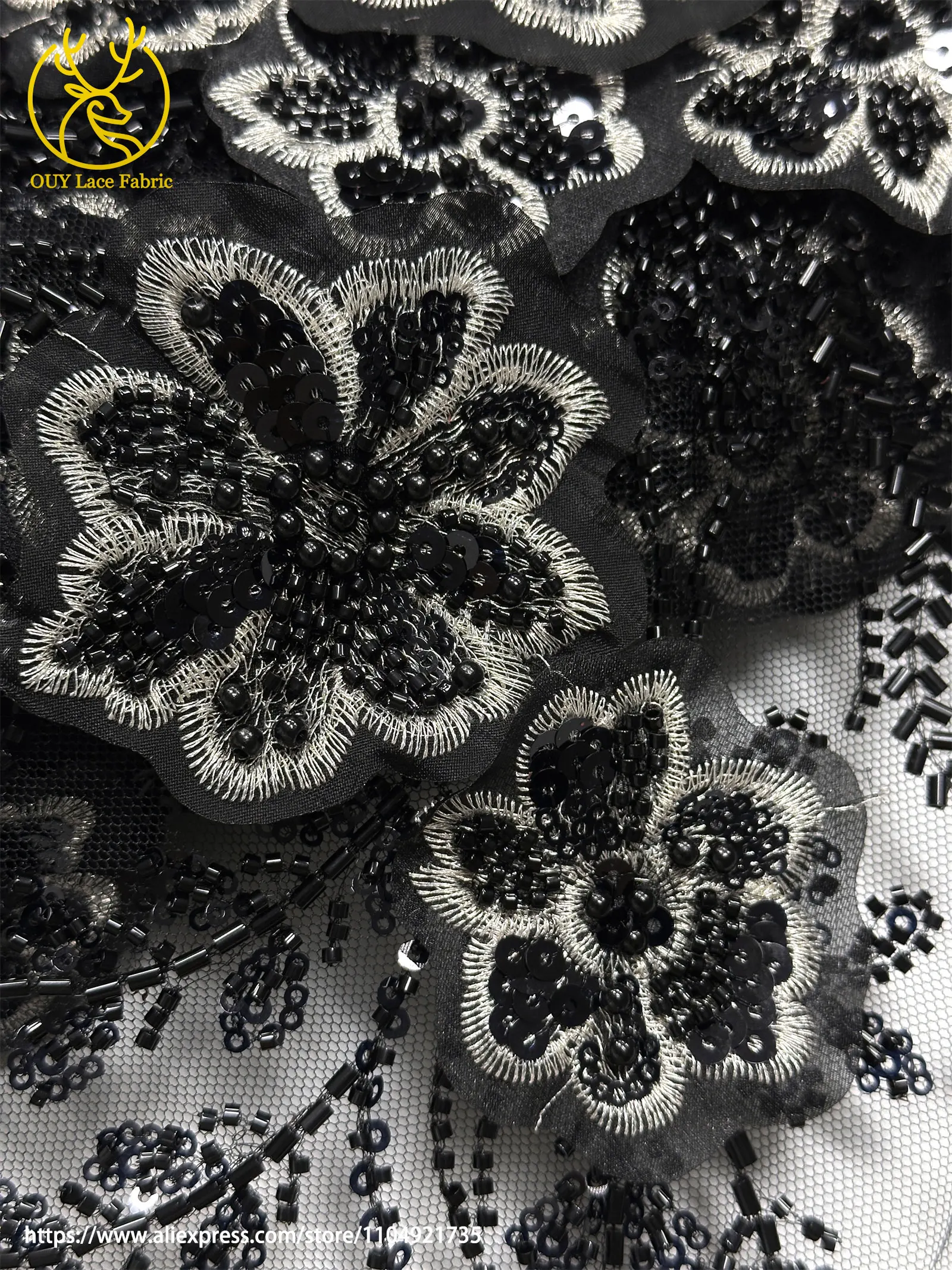 Afrikanischer Perlenstickerei-Spitzenstoff 2026 Hochwertige Französische 3D-Blumen-Pailletten-Stickerei Tüllspitze für Party- und Hochzeitskleider – Detail 32