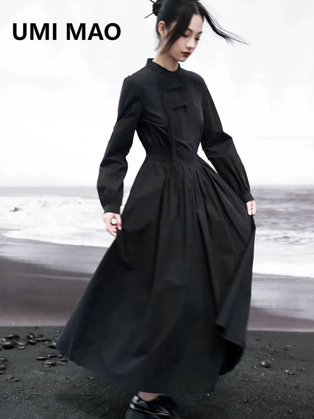 

UMI MAO Dark Black Dress Heavy Industry Shirt Dress Elegant Autumn Women's New Show Body Large Swing French Skirt Femme