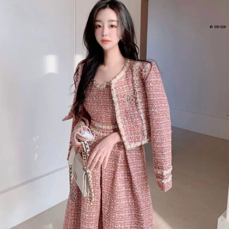 New 2024 Autumn High Quality Women 2 Piece Set Tweed Short Jacket Coat+Beading Vest Dress Elegant Fashion Party Dresses 2 Sets