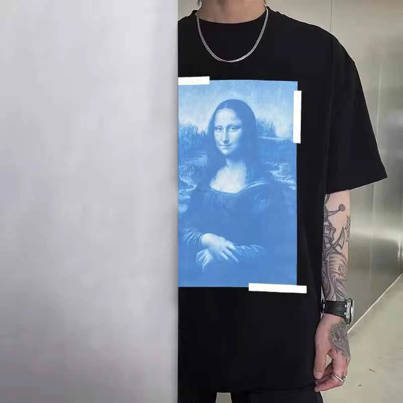 Top Grade Logo Printed Blue Mona Lisa Women Men T shirts tees Hiphop Oversized Men Casual Cotton T shirt