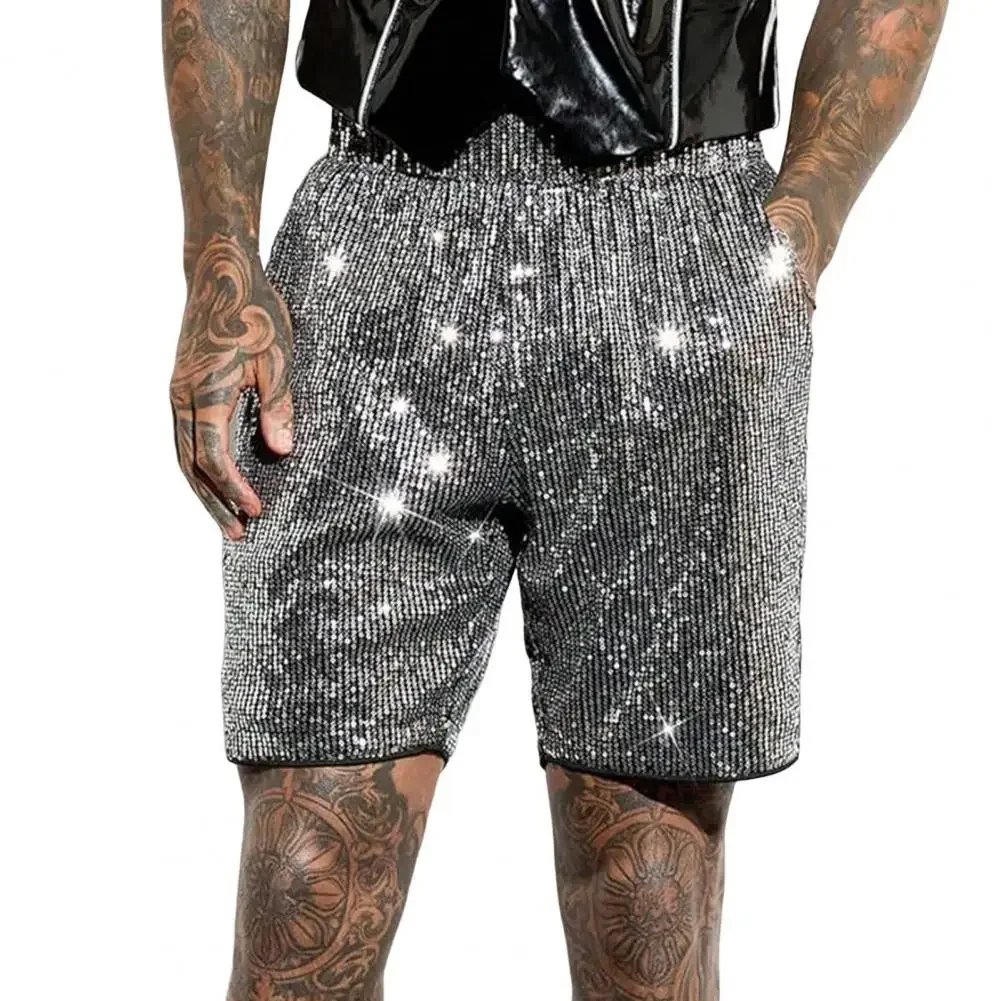 Men Casual Shorts Mid-rise Elastic Waist Knee Length Shorts with Pockets Shiny Sequins Loose Fit Shorts
