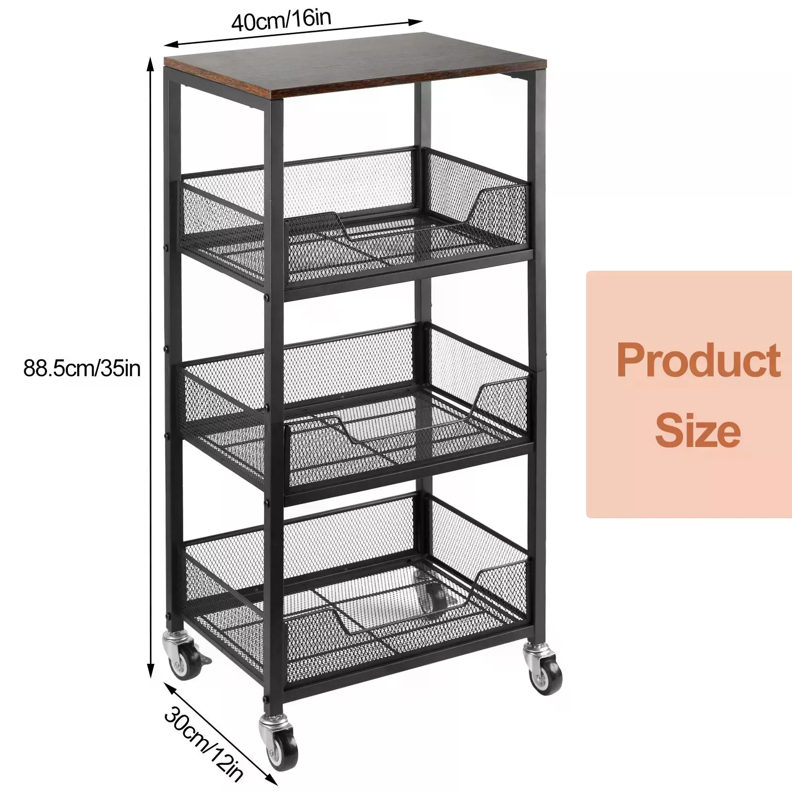 3-Tier Wooden Top Rolling Utility Cart with Metal Mesh Basket Racks, Built-In Bins, 2-Brake Stability & 360 °   Smooth Roll - Bathroom Organizer, Organizer Storage for Kitchen
