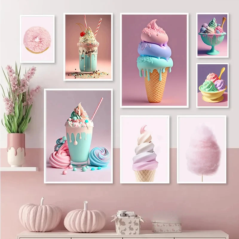 Tienda De postres, algodón, caramelo, Donut, helado, Chocolate, rosa, carteles artísticos, pintura en lienzo, impresiones De pared, imágenes para sala De estar y hogar