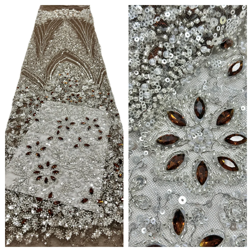 

2026 French Beaded Stone Lace Fabric 5 Yards High-end Luxury African Sequin Lace Fabric Ladies Wedding Evening Dress Party