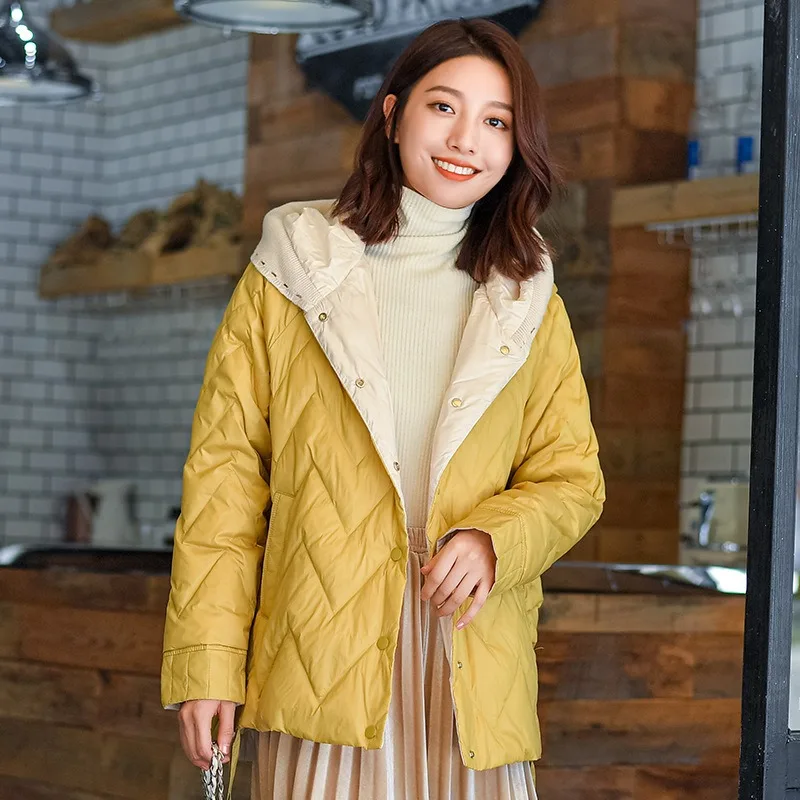 Women's Lightweight Down Jacket Short Autumn Winter New Style Knitted Hat Outerwear Fashionable Cocoon Shape Petite Hooded