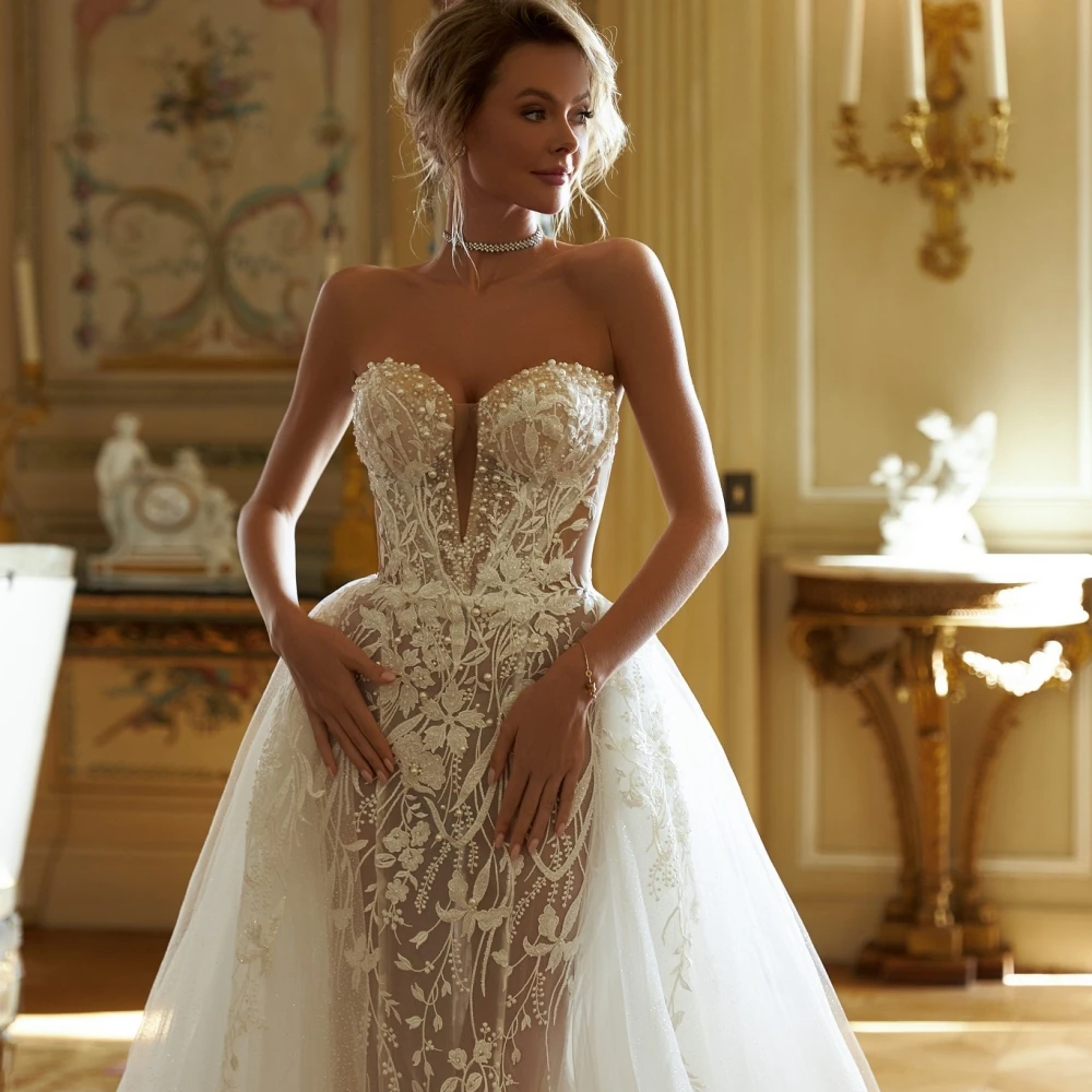 Abito da sposa a sirena con strascico staccabile Abito da sposa con applicazioni squisite Abito da sposa con perle glitterate Vestido De Novia personalizzato