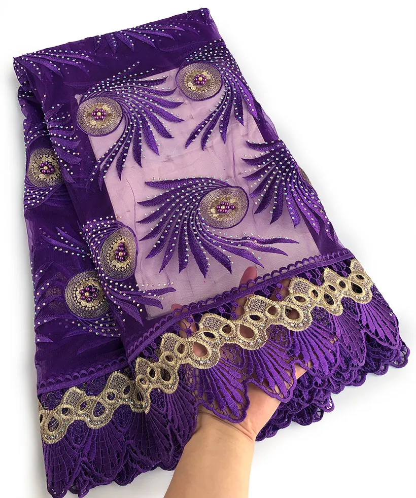 Royal blue Gold Big French Lace African Tulle Fabric with Guipure Cord Fabric Edges Lots of Stones High Quality