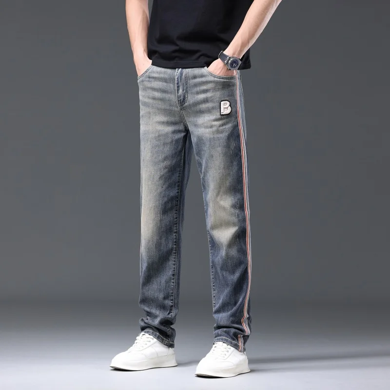 2024 Spring and Summer New Jeans Men's Straight Elastic Casual Cool Sports Line Design Street Retro Blue Smart Trousers