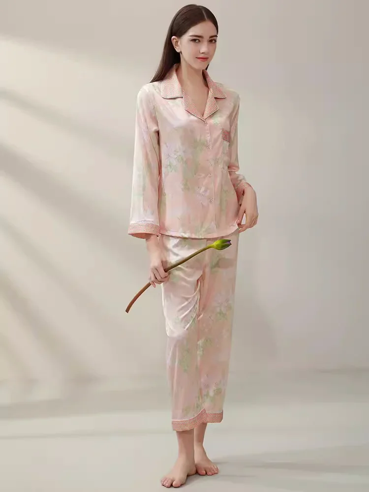 Long Flower Print Mulberry Silk Pyjamas Satin Night Wear Home Suit Pink Pajama Set For Women Luxury Nature Silk Sleepwear