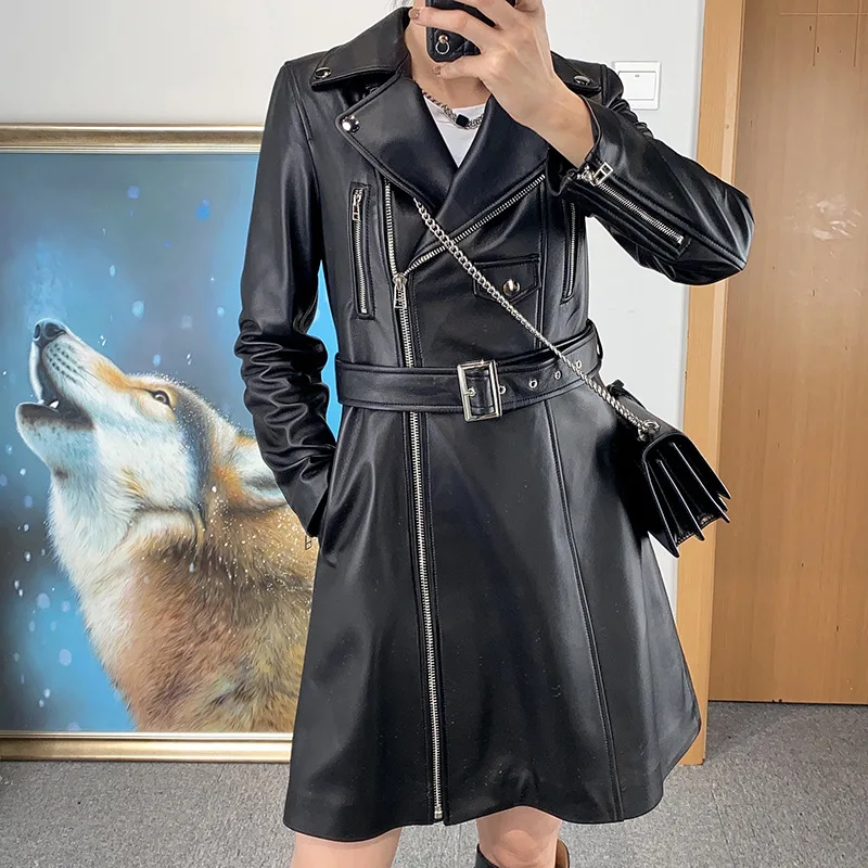 2023 Autumn and Winter New Genuine Leather Sheepskin Casual Mid Length Zipper Motorcycle Jacket Coat Windbreaker Leather Coat Wo