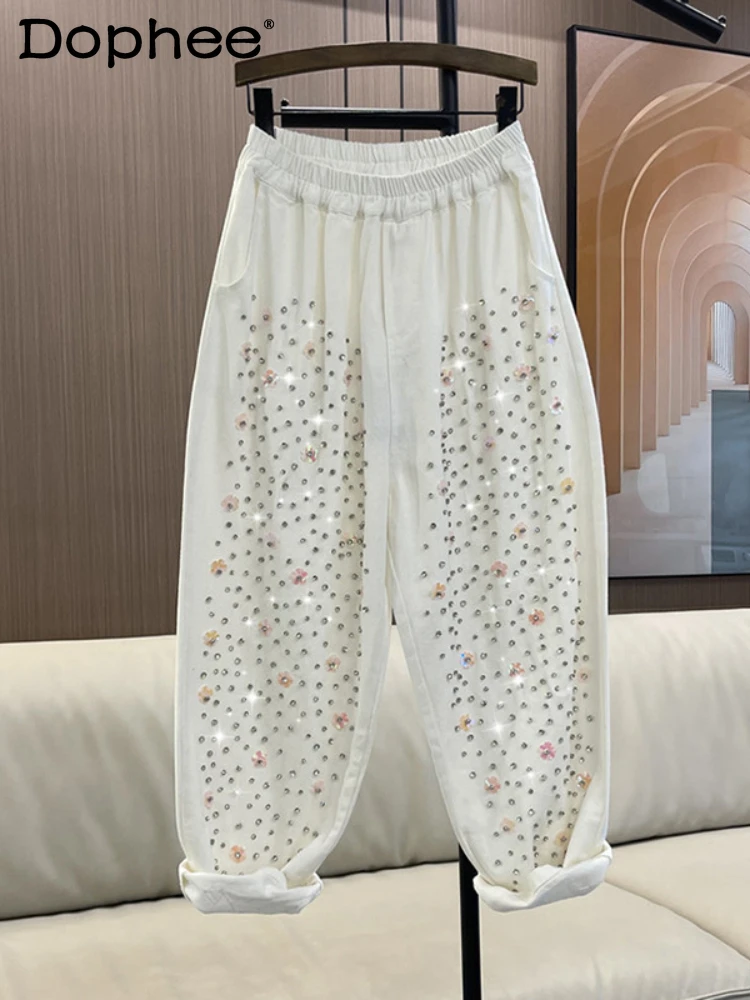 Heavy Industry Beaded Sequins Color Casual Pants Women Spring Autumn New High Waist Harlan Pants Loose Versatile Pants