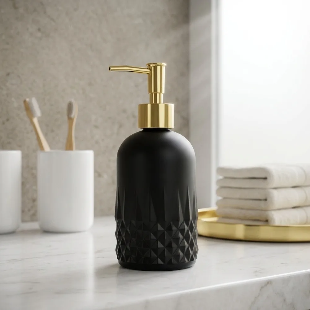 Black Lime Glass Soap Dispenser with ABS Pump for Kitchen Bathroom 19x7x7cm Diamond Pattern 350ml Refillable Bottle