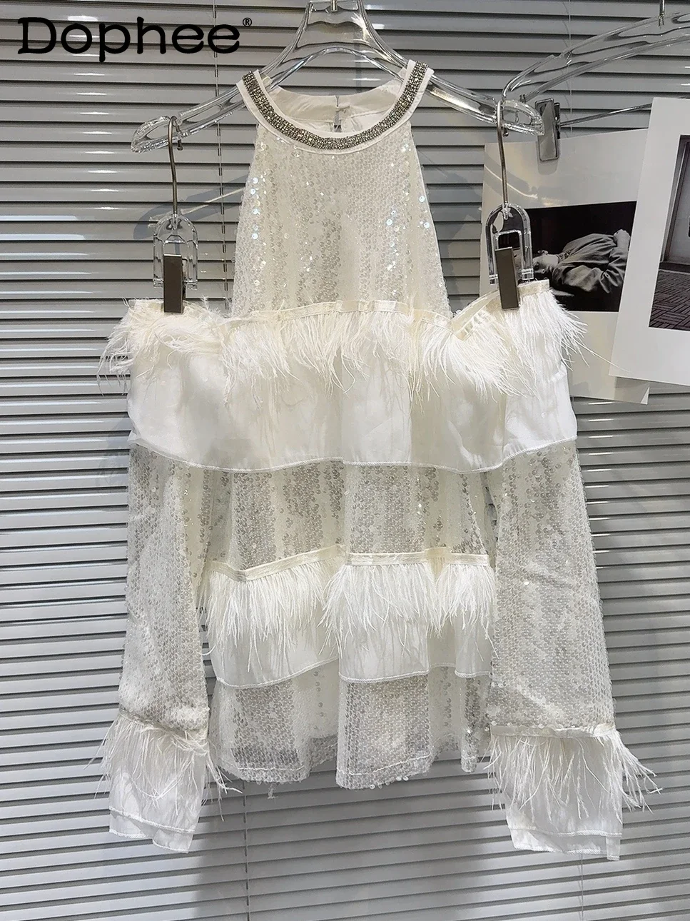 

2024 Autumn New Feather Fringed Beads Hanging Neck Chiffon Shirt Sexy Off-the-shoulder White Shirt Womens Tops and Blouses