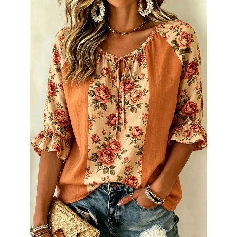 Ladies V Orange patchwork top with drawstring straps and three-quarter ruffle sleeves Orange and beige retro rose floral pastora