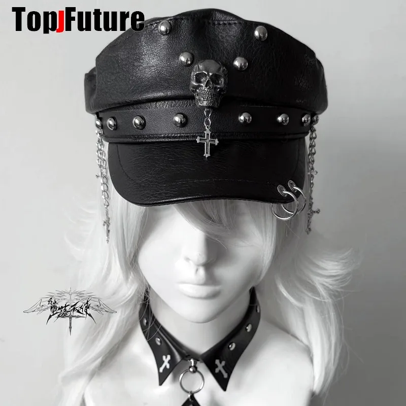 Women Men Harajuku Gothic Lolita Beret Y2K Girl Steampunk Punk Chain Spike Sun Hat Skull Rivet Cap Goth Hat Leather Cap