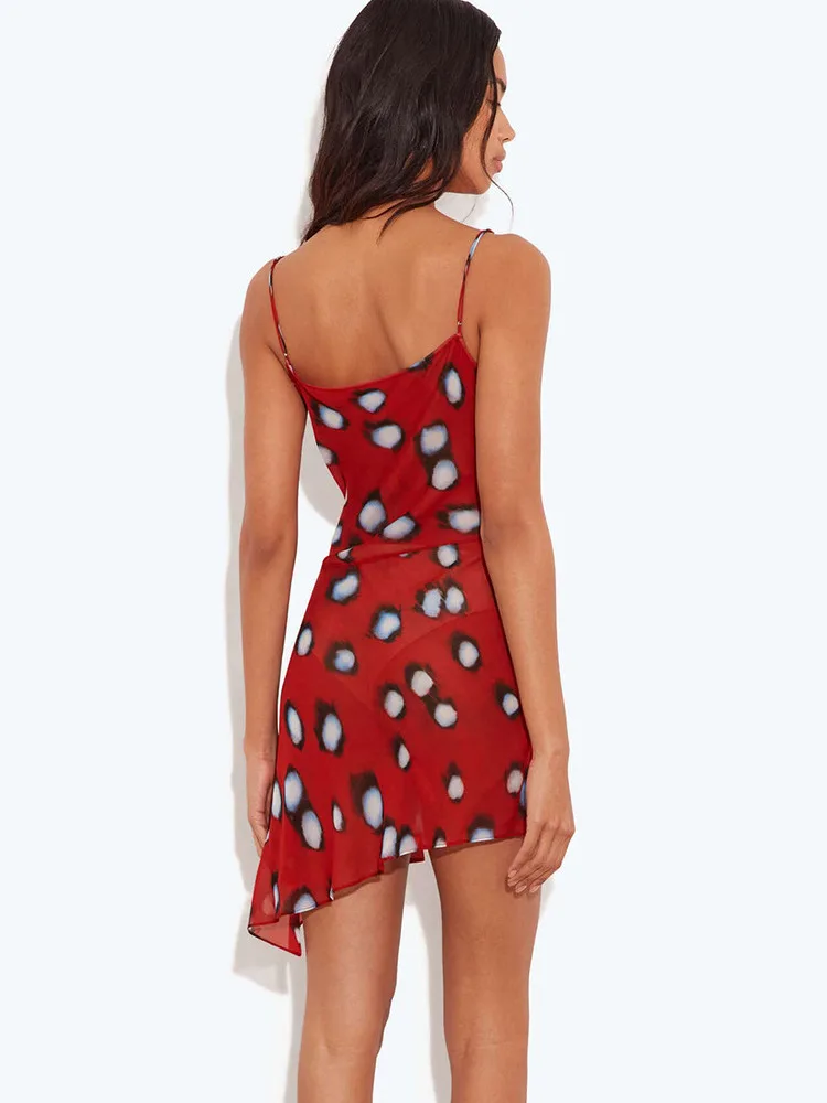 Sibybo Summer Low Chest Sleeveless Print Women Camis Dress Sexy Split Asymmetrical Ruffles Elegant Holiday Partywear Short Dress - view 4