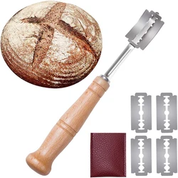 LMETJMA Premium Stainless Steel Bread Lame with 5 Replacement Blades  Curved Baguette Bread Cutter with Wooden Handle JT172