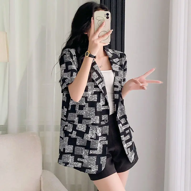 Original Design Women\'s Summer New Jackets Korean Loose Geometric Printed Button Collar Short Sleeve All-match Thin Suit Coats