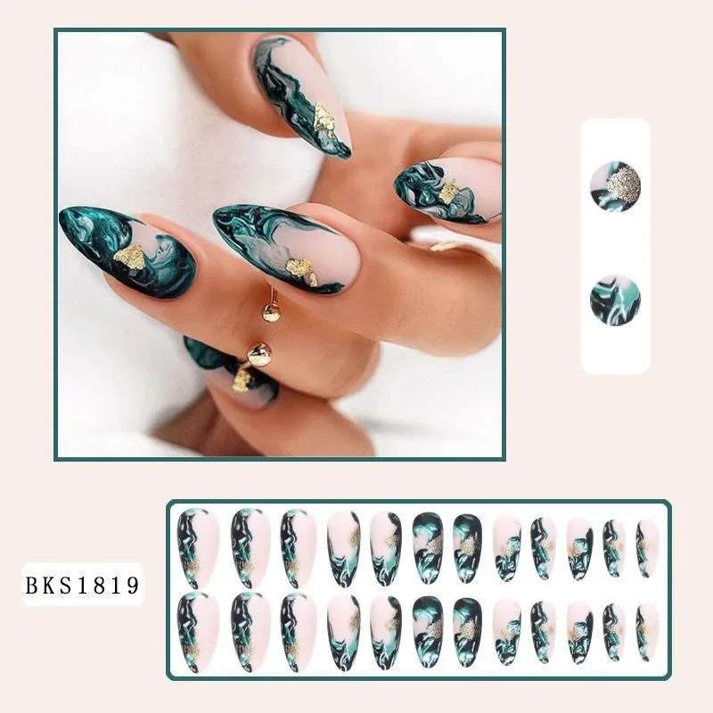 24 Stuks Druk Op Nagels Voor Meisjes Draagbare Groene Goedkope Nep Nagels Set Manicure Nail Art Medium Lang Amandel Valse Stick-On Nagel Meisje