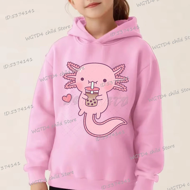 Kawaii Funny Pink Hoodie Axolotl Love Boba Milk Tea Print Hoody Spring Long Sleeve Children Clothing Cartoon Axolotl Sportswear