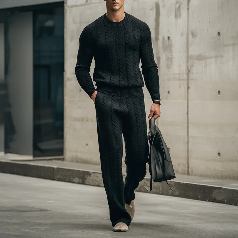 Men's Autumn And Winter New Crew Neck Knitted Sweater Twist Long Sleeve Sweater Trousers Thermal Suit view 2