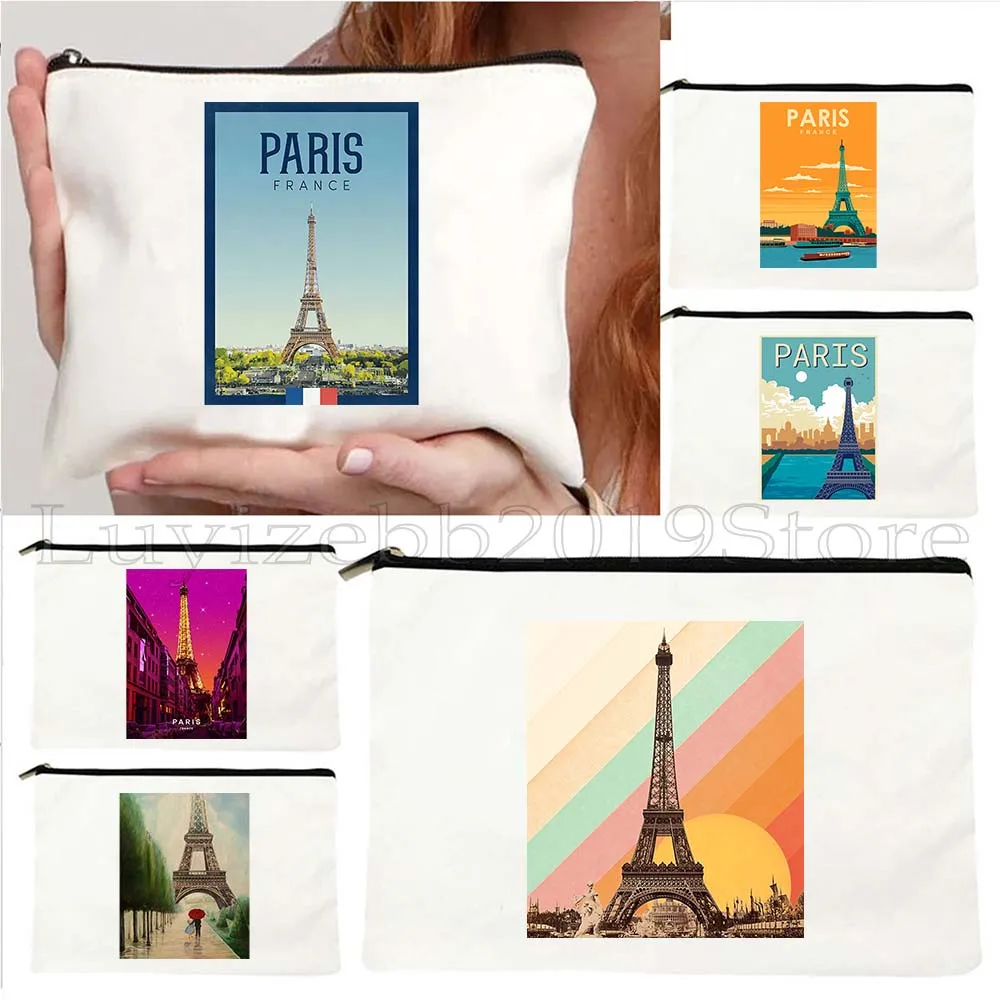 

Rainbow Paris France Eiffel Tower Seine Retro Travel Poster Landmark Canvas Cosmetic Makeup Toilet Bag Pencil Case Zipper Pouch