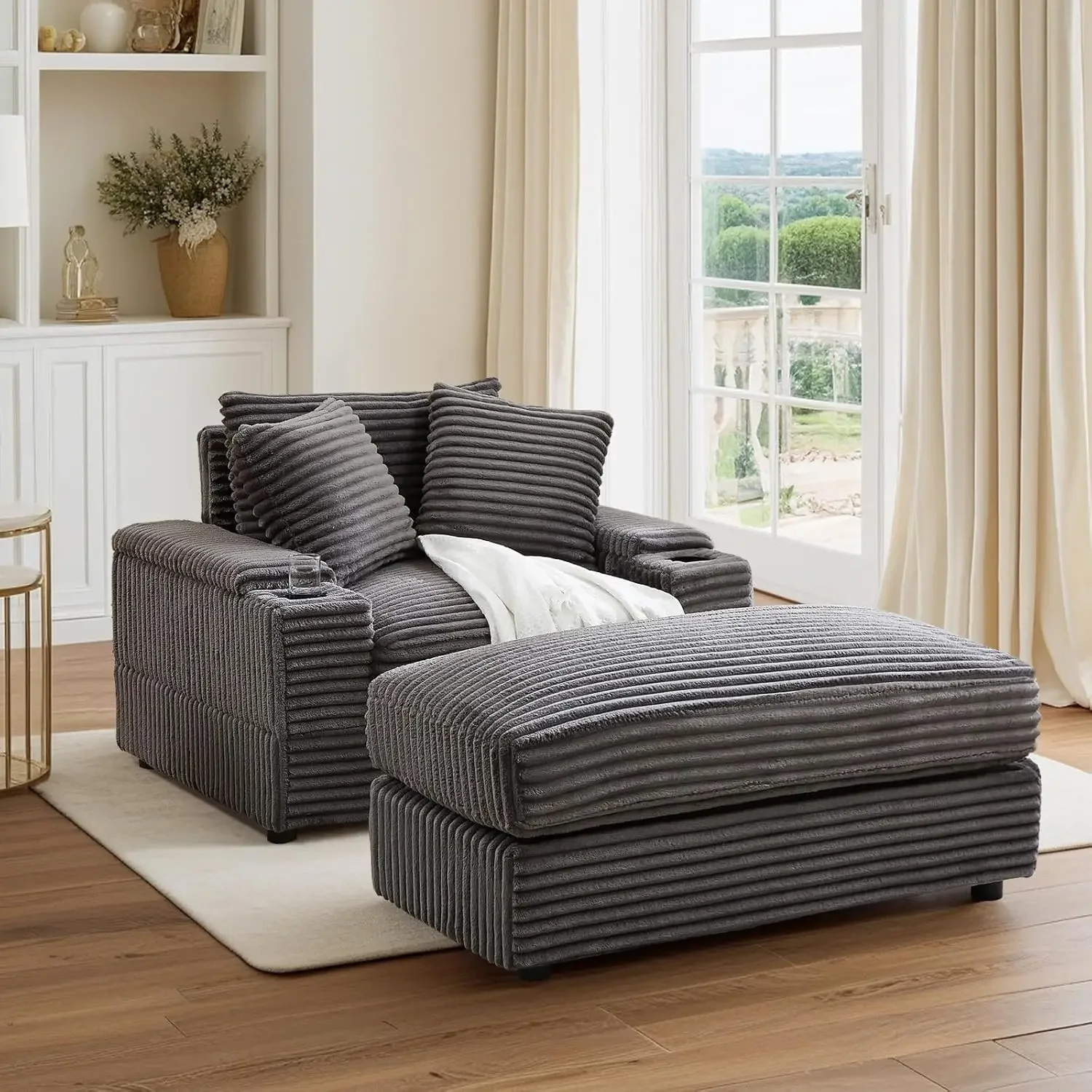 Kursi santai dengan Ottoman, Sofa Modern Corduroy dengan ruang penyimpanan, tempat cangkir, kursi Sofa malas, kursi tidur santai