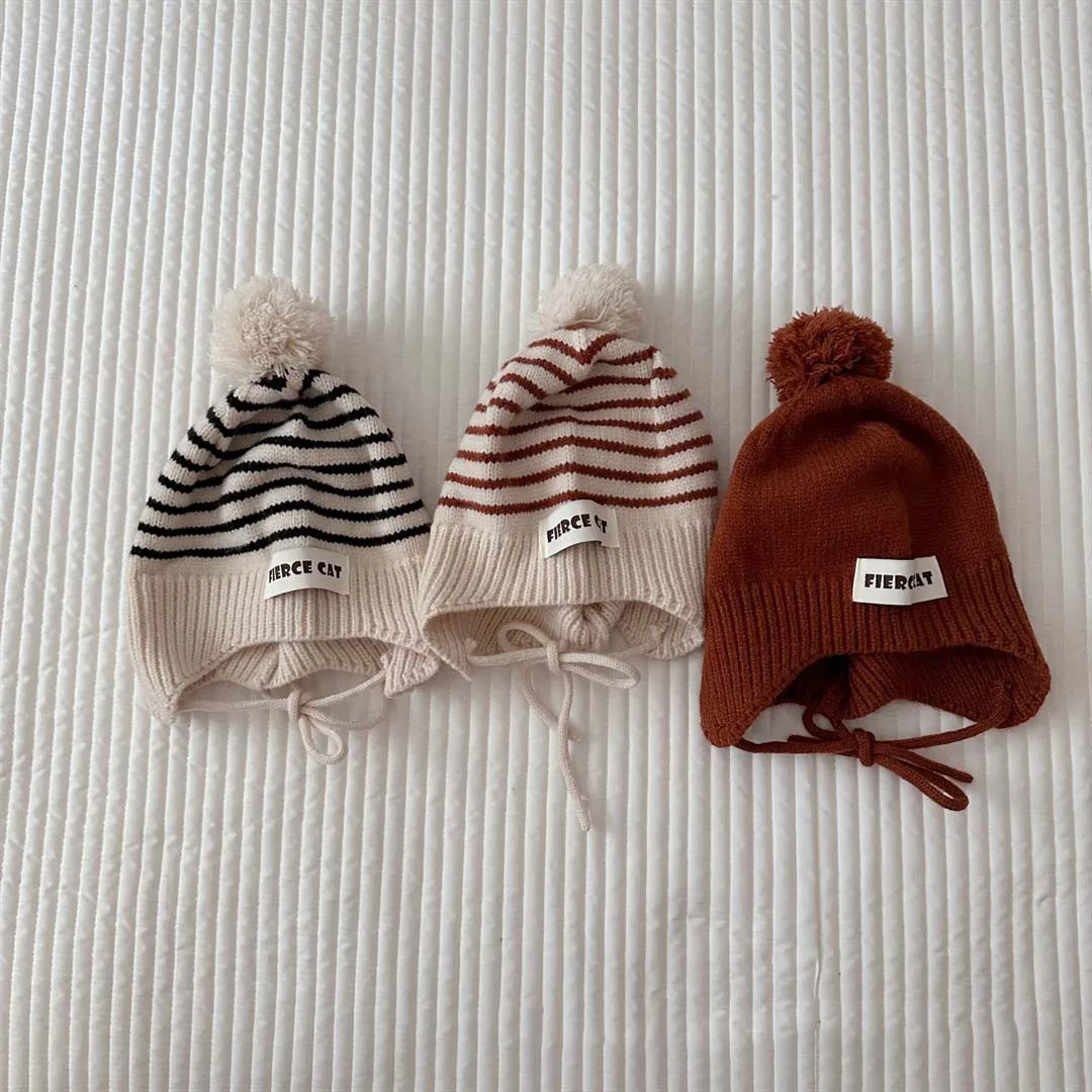 Cute Pom Kids Knit Hat 2023 Autumn Kids Beanie Ear Protection Cap For Girls Boys Fashion Striped Soft Baby Bonnet Cap