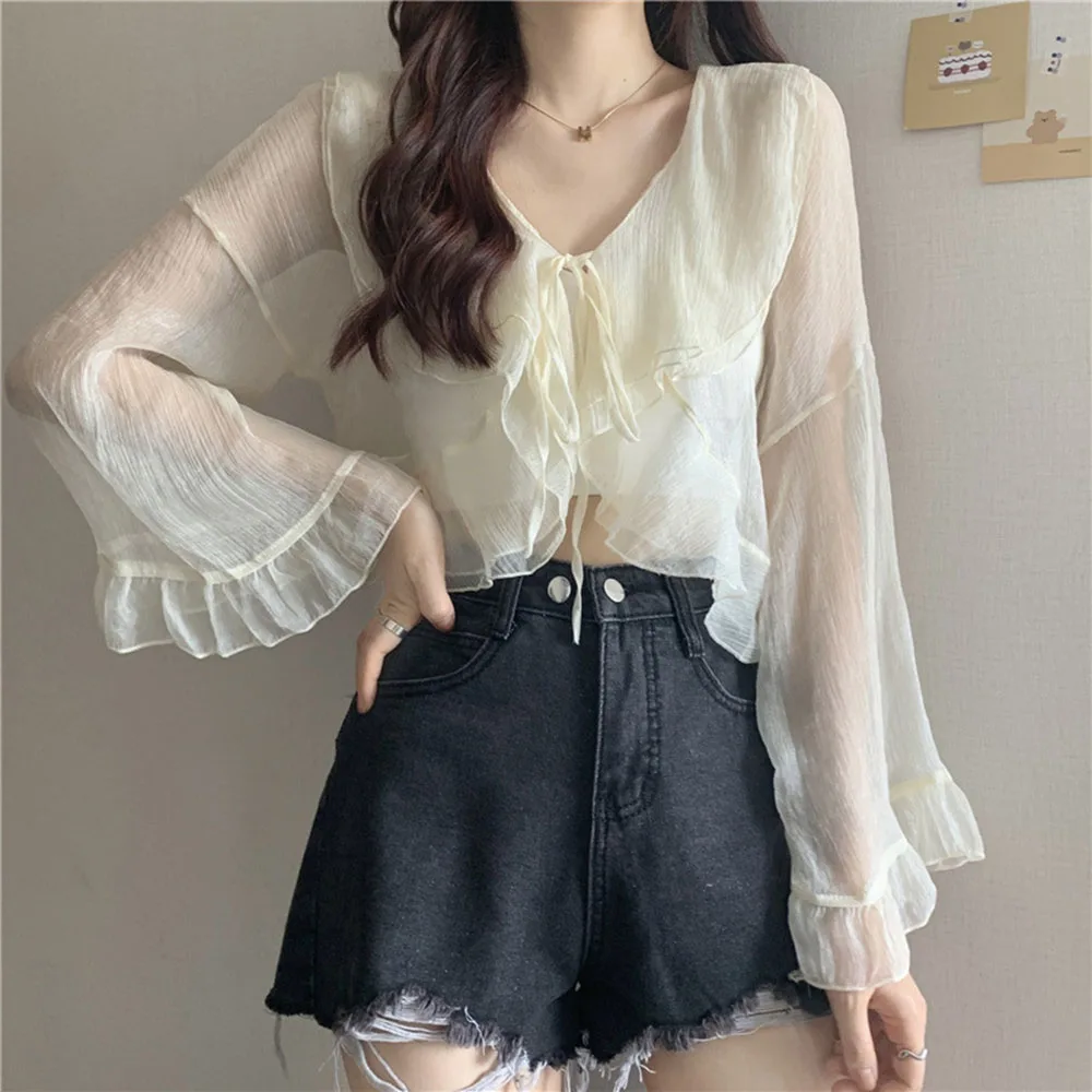 

2024 Fairy Style Sun Protection Women's Flare Sleeves Ruffles Edge Lace Up Short Shirt Top Versatile Outwear Small Shawl