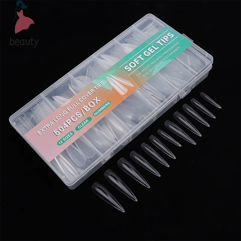 504 Stks/doos C Curve Rechte Nagel Tips Platte Vierkante Half Bedek Valse Vinger Doodskist Acryl Tip Lange Nagel Lijm Manicure Tool