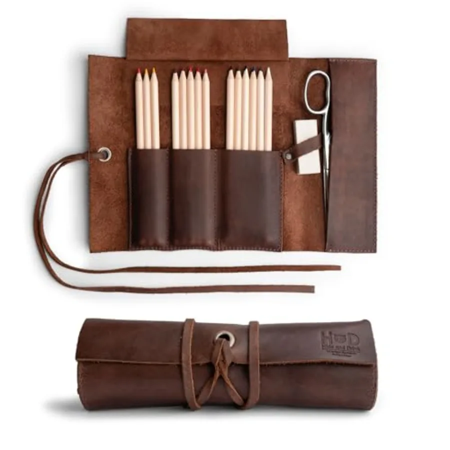 

Rustic Leather Pencil Roll Pouch, Multi-Purpose Storage Wrap for Scissors, Earphones, Organizer for Craft, Work, Handmade