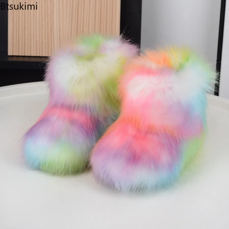 Winter Kids Fur Boots New Faux Fur Toddler Girls Booties Fashion ColorfuI Children's Shoes Ankle Snow Boot Warm Girls Christmas