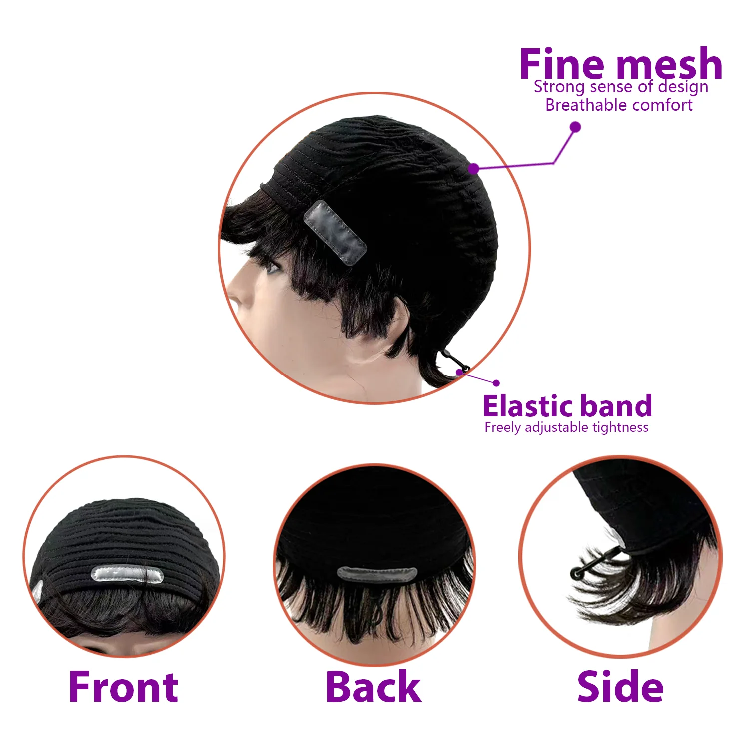 OCK 100% Human Hair Mens Full Wig, Short Cut With Bangs, Machine-Made, Elastic Cotton Cap Construction