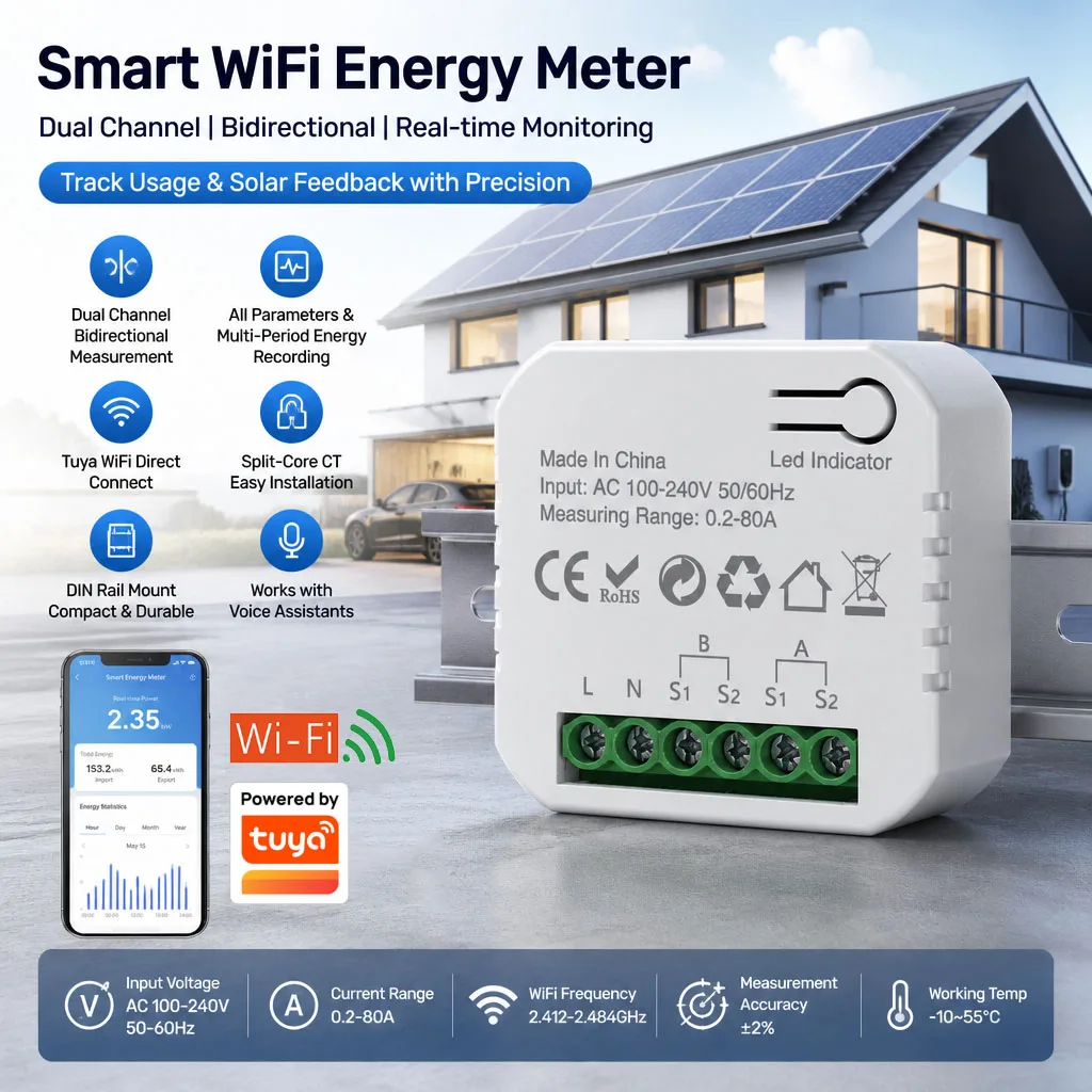AC 100–240V 80A Tuya WiFi Bidirectional Energy Meter Solar PV Generation Consumption Monitor for Smart Home Power Monitoring