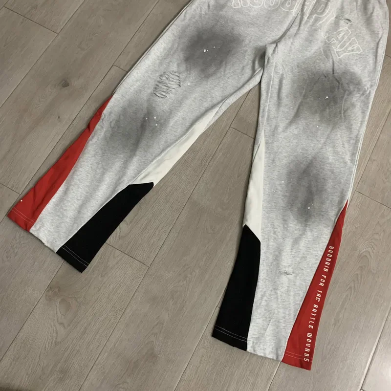 Stock Quality Classic Gray Letter Printed Roughplay Sweatpants Splicing Washing Water Do Old Hole Pants Men Women Casual Pants