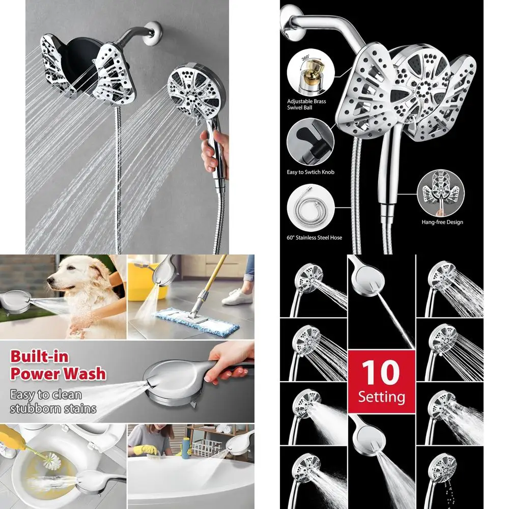 

10-Inch Dual High-Pressure Shower Head Combo: 2-in-1 with Handheld Spray, 10 Modes, 60 Hose, Anti-Leak, Power Wash Included