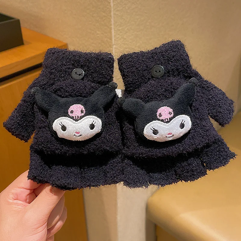 Inverno sanrio olá kitty engrossado quente flip luvas crianças luvas de dedo dividido dos desenhos animados kuromi pelúcia meninas luvas do bebê